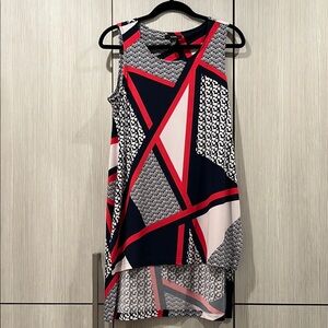 Alfani High Low Tunic Abstract Red White Navy‎ Size Small